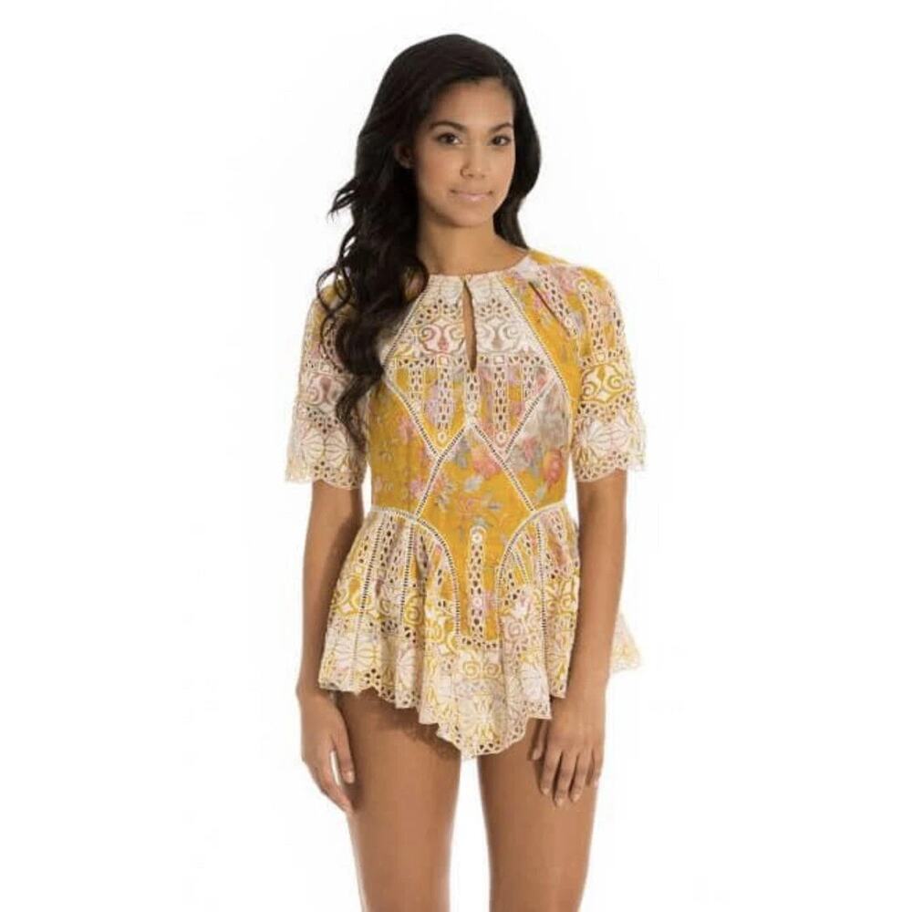 Zimmermann Confetti Scallop Top Peplum Blouse, Size 1, Yellow, Romantic